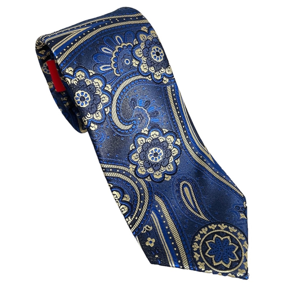 Duchamp London Mens 100% Silk Brocade Tie Paisley Floral Blue Gold
